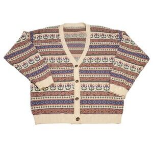 Vtg Easter Knit Womens Cardigan Tulip Pastel Cottagecore Grandma Knit Sz Large